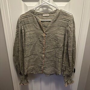 Ulla Johnson Striped Long-Sleeve Button Front Top in Olive and Cream